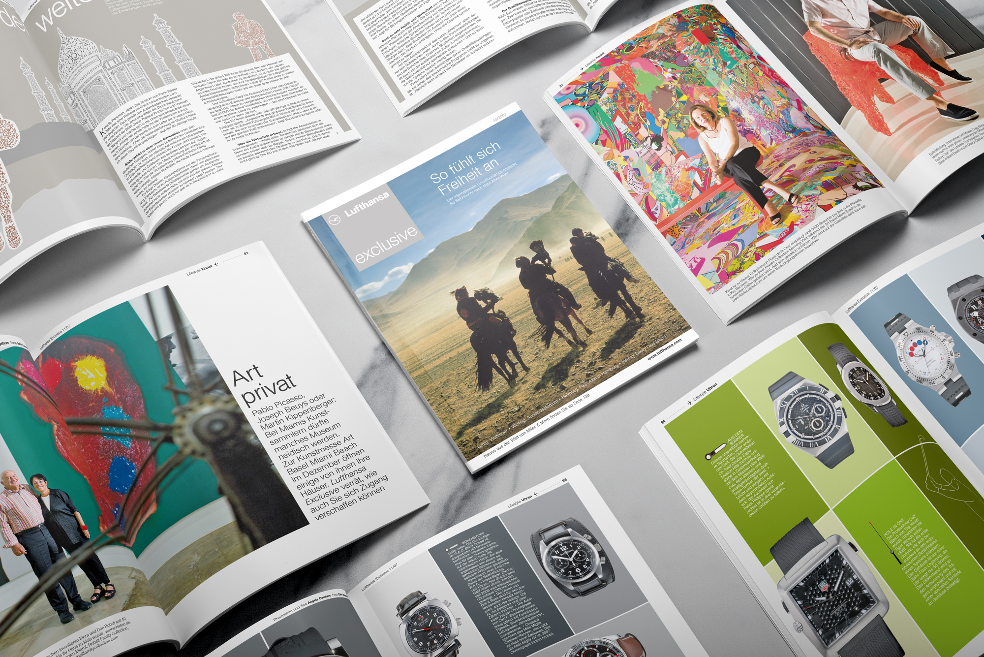Lufthansa exclusiv – Cover und Innenseiten, gemeinsam erarbeitet von Corporate Editors und dem Art-Direction-Team von Büro Hamburg
