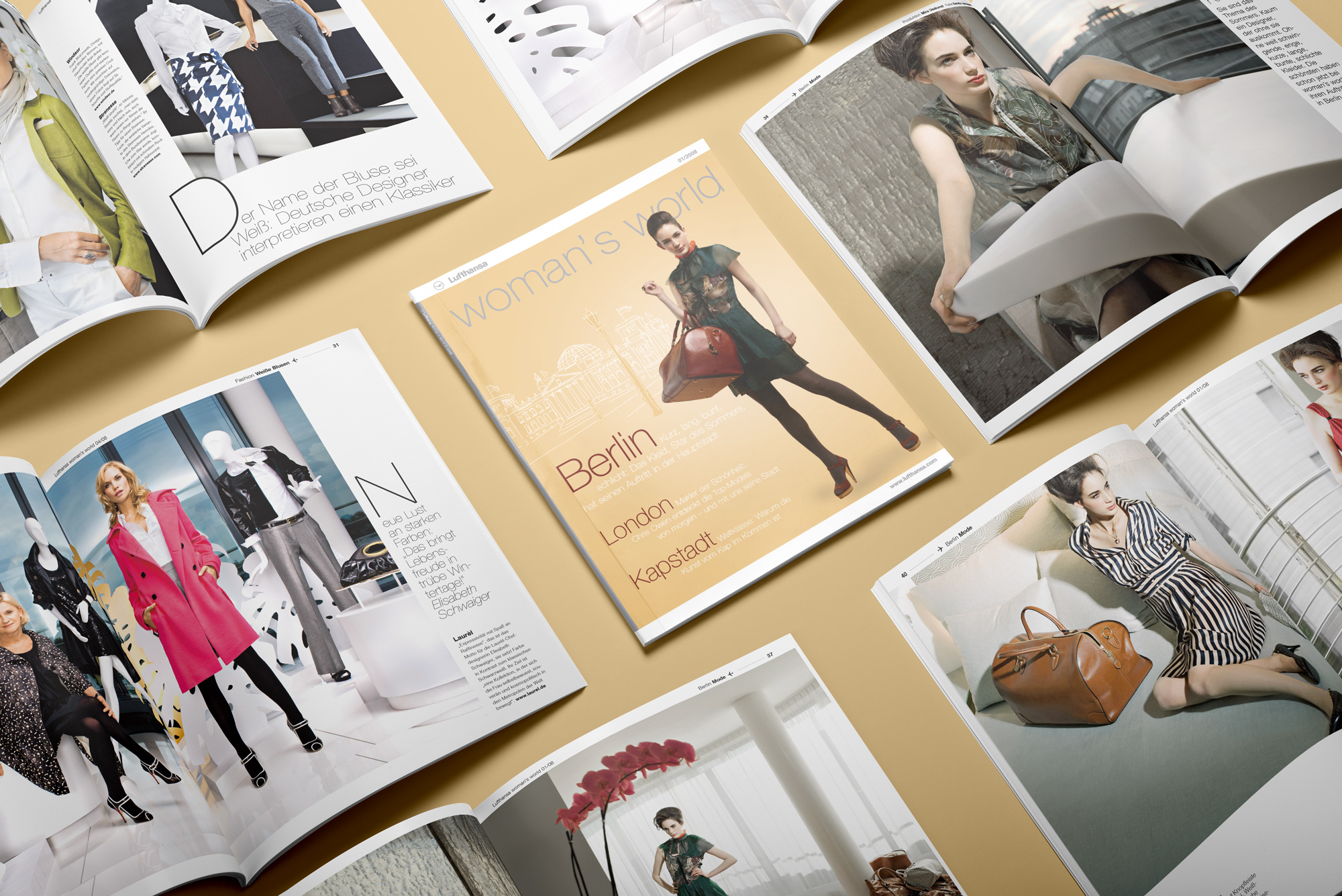 Lufthansa Woman’s World – Cover und Innenseiten, gemeinsam erarbeitet von Corporate Editors und dem Art-Direction-Team von Büro Hamburg