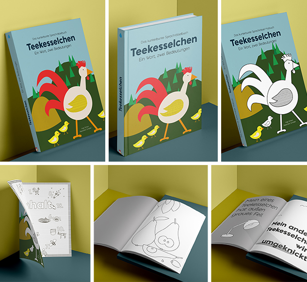 Buchansichten des Sprachrätselbuchs „Teekesselchen“ – Grafikdesign und Illustration von Inga Sineux