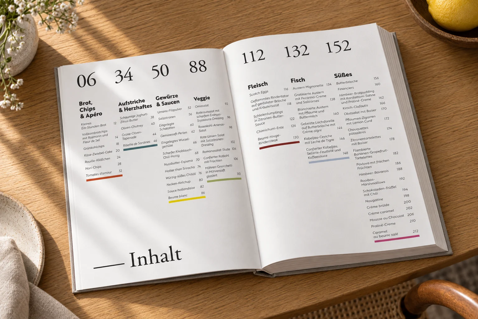 Inhaltsverzeichnis mit typografischer Kapitelübersicht im Kochbuch À la Lucie – Buchgestaltung Inga Sineux