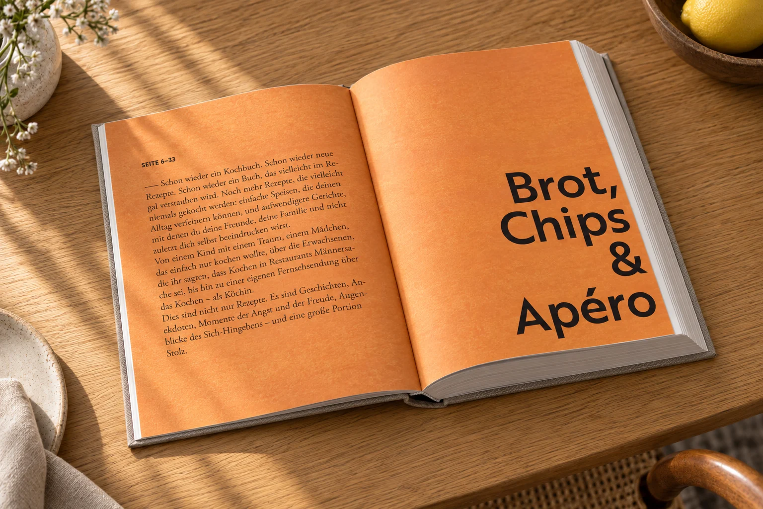 Orange gestalteter Kapitelauftakt Brot, Chips und Apéro in À la Lucie