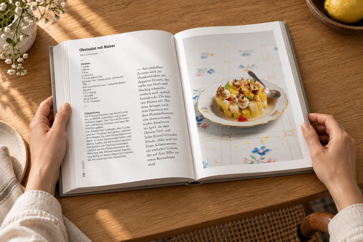 Aufgeschlagene Doppelseite mit Obstsalat-Rezept und Foodfotografie im Kochbuch À la Lucie – Buchgestaltung Inga Sineux