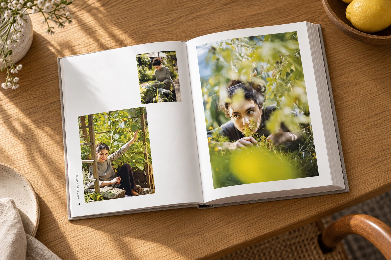 Fotodoppelseite mit Lucie Fischer Chapalain im Garten im Kochbuch À la Lucie – Buchgestaltung Inga Sineux