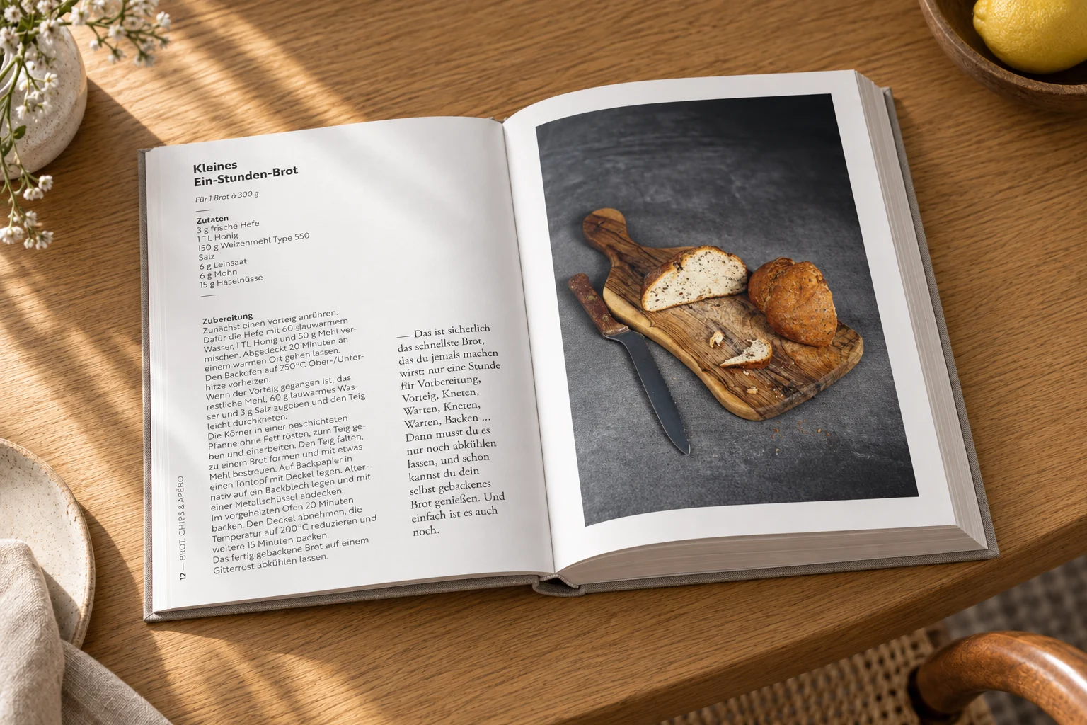 Rezept-Doppelseite Ein-Stunden-Brot im Kochbuch À la Lucie – Buchgestaltung Inga Sineux