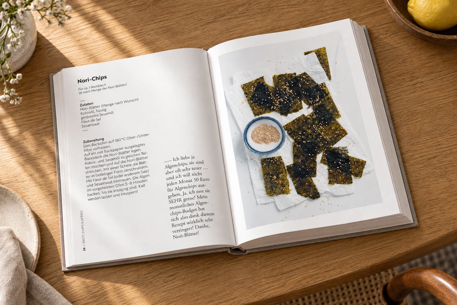 Rezept-Doppelseite Nori-Chips im Kochbuch À la Lucie – Buchgestaltung Inga Sineux