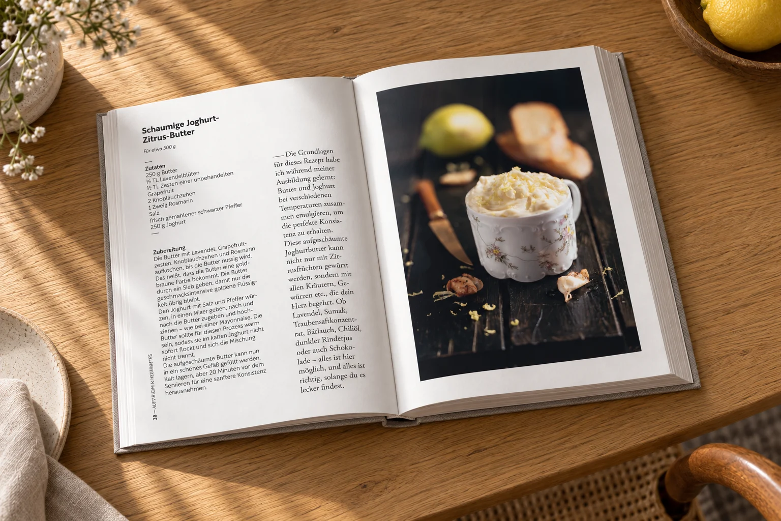 Rezept-Doppelseite Zitrus-Butter im Kochbuch À la Lucie – Buchgestaltung Inga Sineux