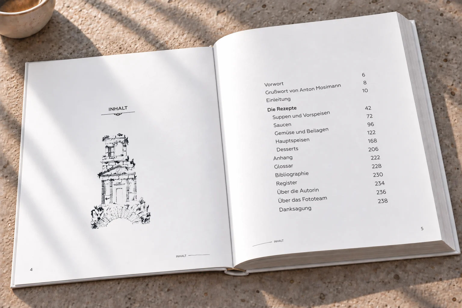 Inhaltsverzeichnis mit Illustration und klarer Typografie im Buch Carême – Buchgestaltung Inga Sineux
