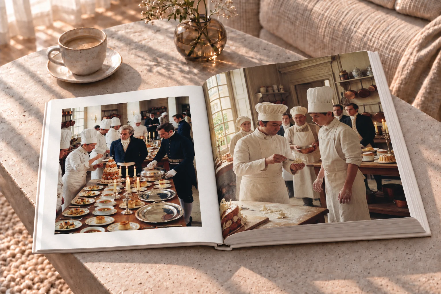 Fotografische Doppelseite mit Köchen und festlicher Tafel im Buch Carême – Buchgestaltung Inga Sineux