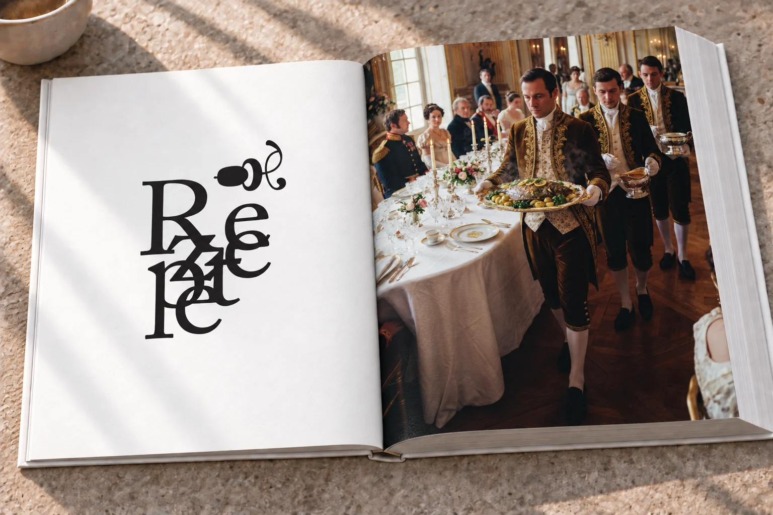 Typografischer Kapitelauftakt Rezepte und historische Tafelszene im Buch Carême – Buchgestaltung Inga Sineux