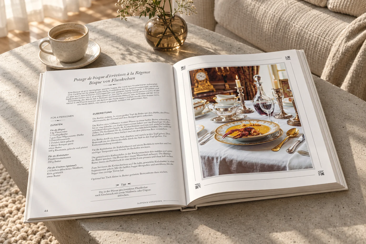 Rezept-Doppelseite mit angerichtetem Gericht und festlicher Tischfotografie im Buch Carême – Buchgestaltung Inga Sineux