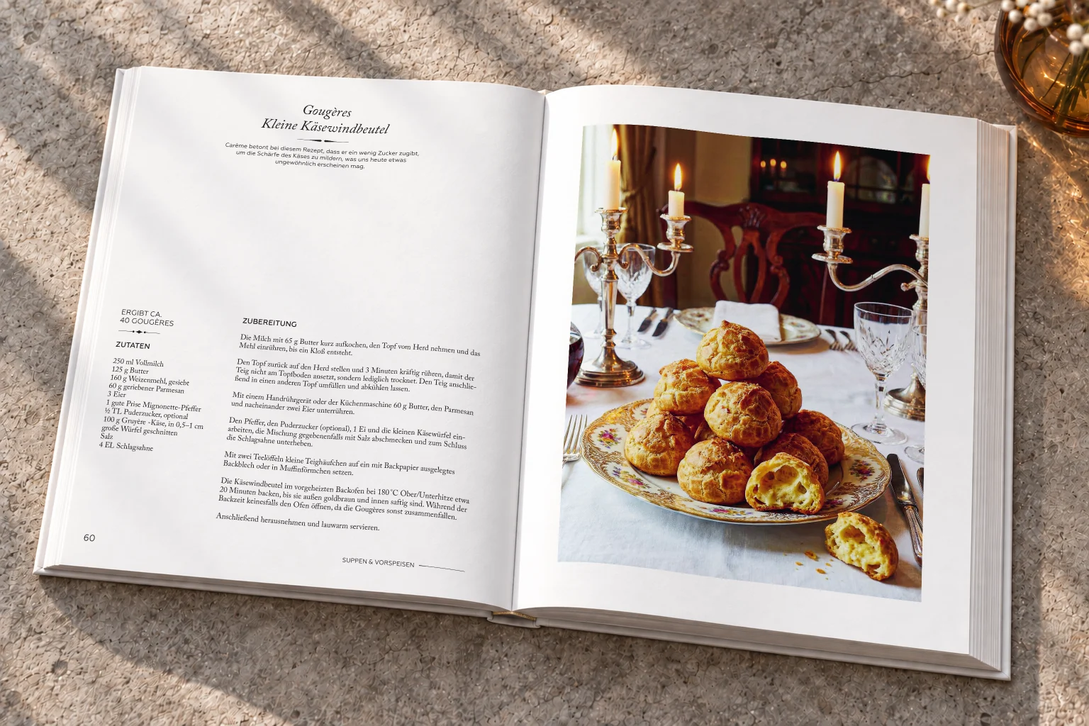 Rezept-Doppelseite mit goldbraunem Gebäck im Buch Carême – Buchgestaltung Inga Sineux