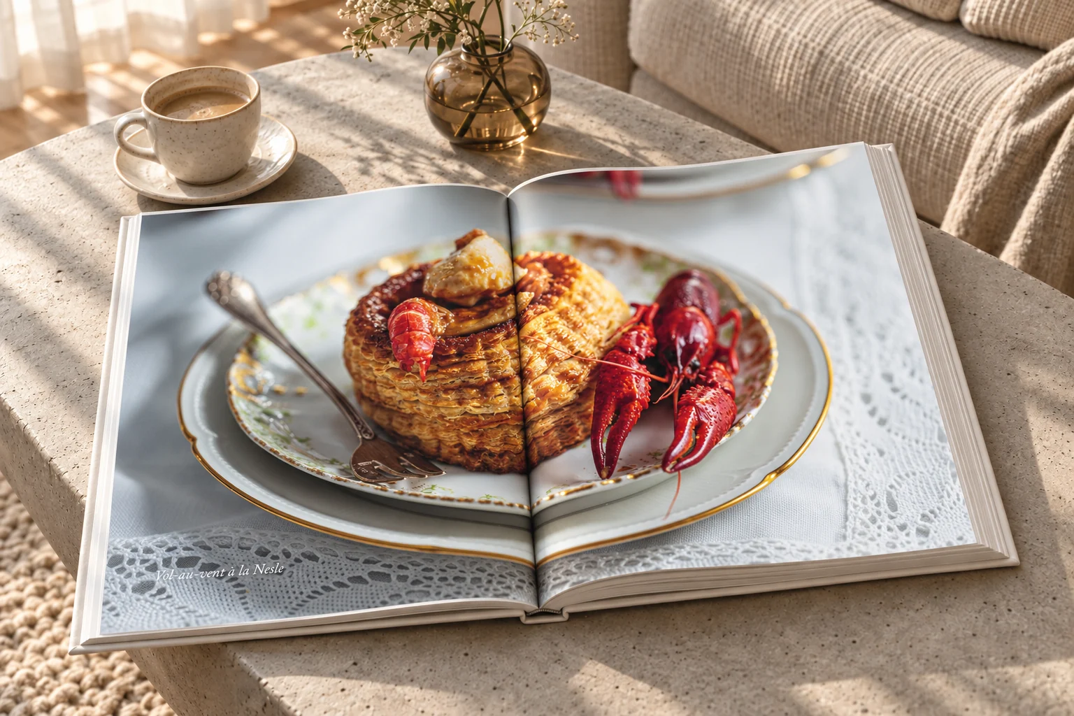 Ganzseitige Foodfotografie mit Pastete und Flusskrebsen im Buch Carême – Buchgestaltung Inga Sineux