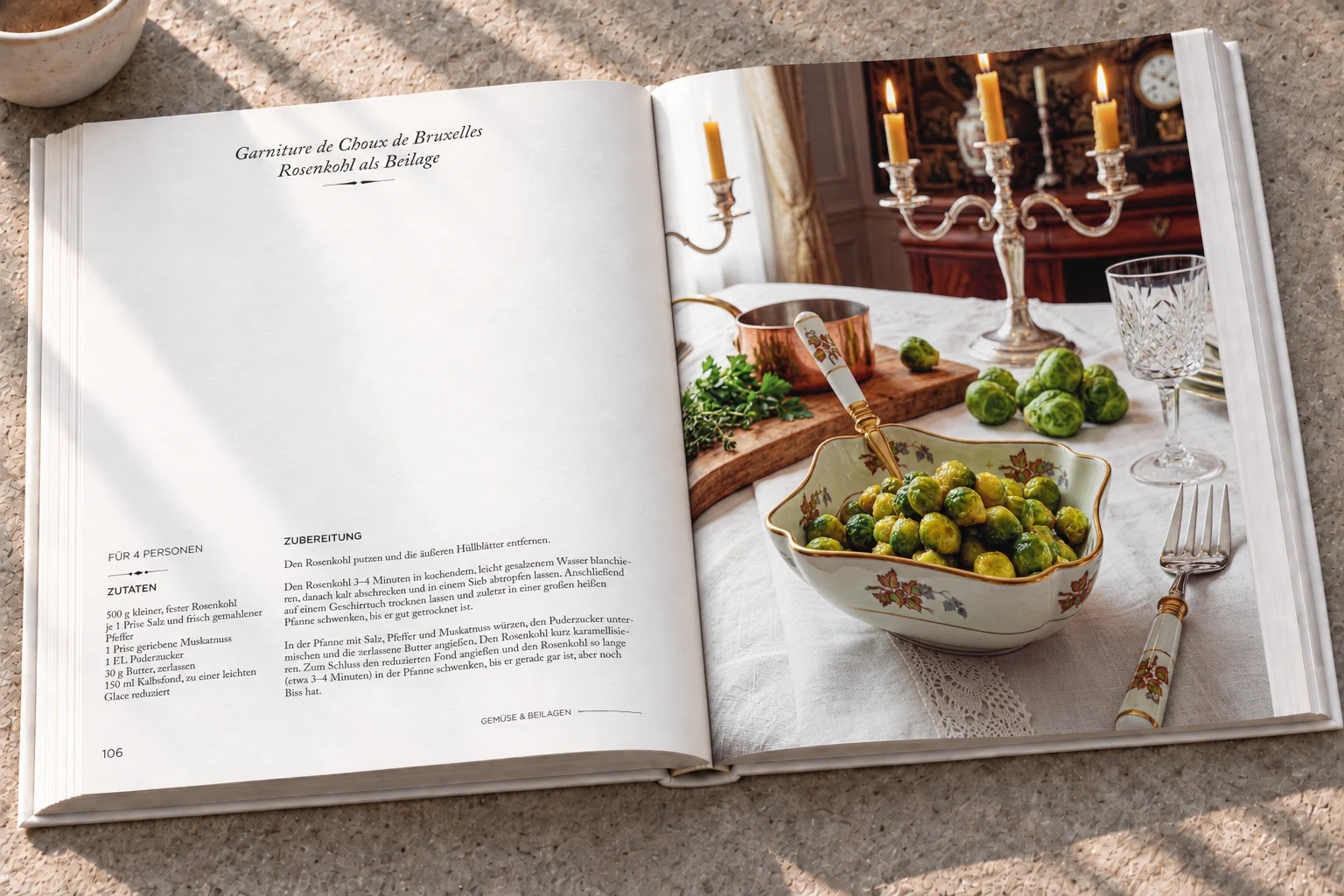 Rezept-Doppelseite mit Fleischgericht und Gemüse im Buch Carême – Buchgestaltung Inga Sineux