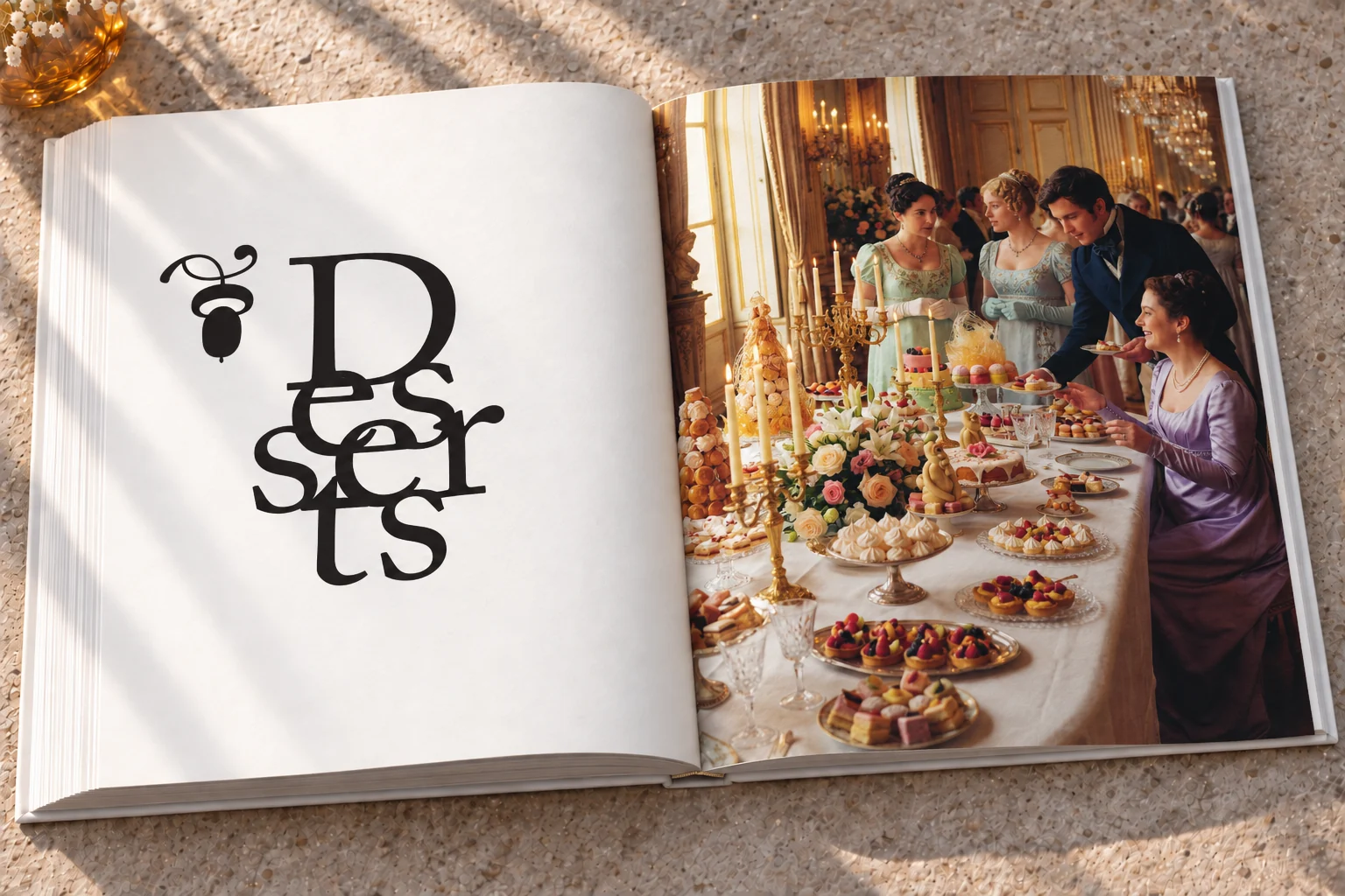 Kapitelauftakt Desserts mit festlicher Gesellschaft im Buch Carême – Buchgestaltung Inga Sineux