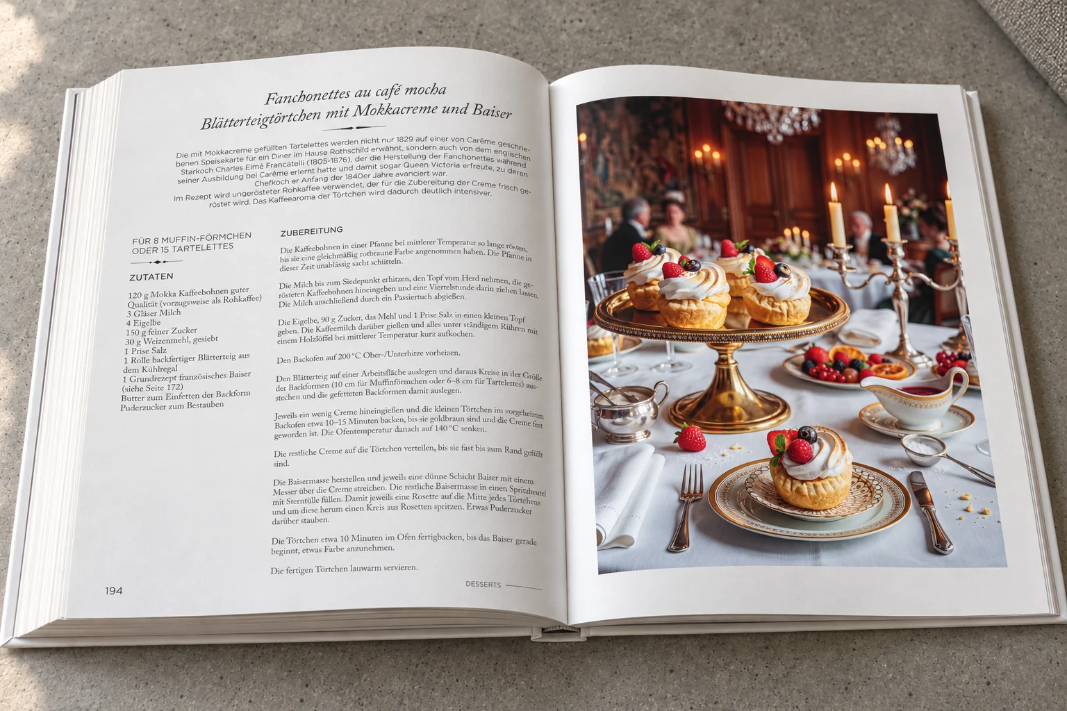 Dessert-Rezept und dekorative Tischfotografie auf den Seiten 194–195 im Buch Carême