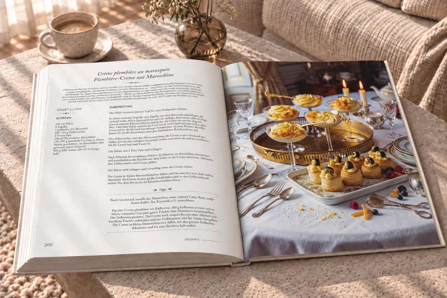 Rezept-Doppelseite mit kunstvoll angerichteter Süßspeise im Buch Carême – Buchgestaltung Inga Sineux