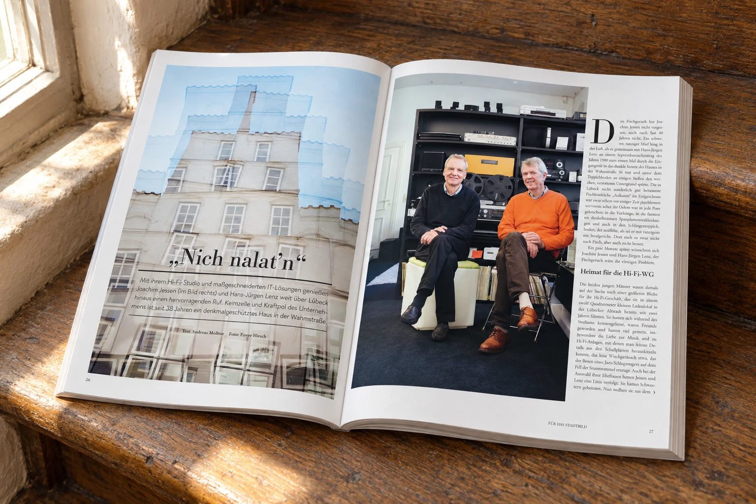 Doppelseite Nich nalat’n mit Architekturaufnahme und Porträt im Possehl-Magazin
