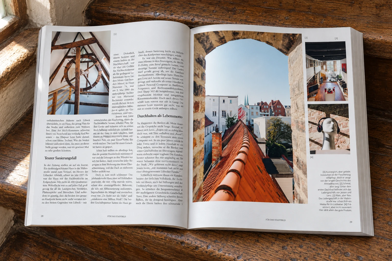 Fotografische Reportageseiten mit Lübecker Architektur und Porträts