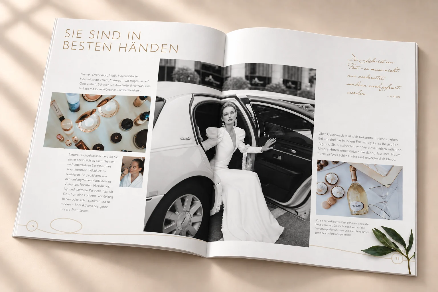 Doppelseite Sie sind in besten Händen mit Fotografie und Editorial-Layout – Hochzeitsbroschüre Hommage Hotels, Gestaltung Inga Sineux für Justfrank