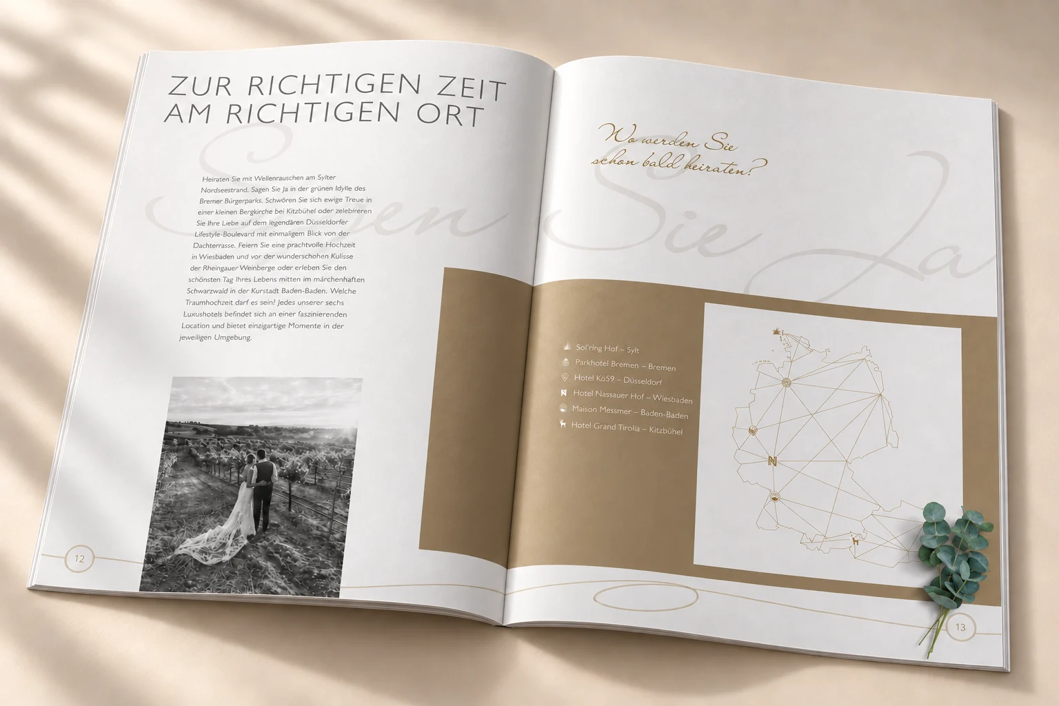 Kapitelauftakt Zur richtigen Zeit am richtigen Ort – Hochzeitsbroschüre Hommage Hotels, Gestaltung Inga Sineux für Justfrank