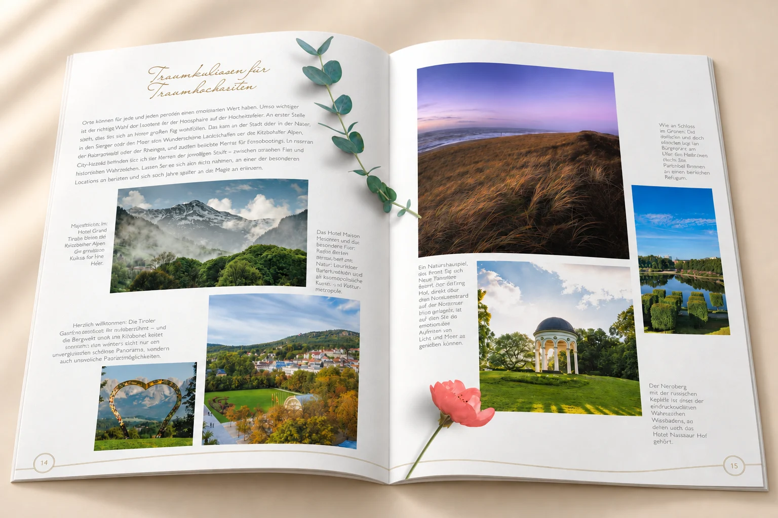 Hotelstandorte und Landschaftsfotografien im Editorial-Raster – Hochzeitsbroschüre Hommage Hotels, Gestaltung Inga Sineux für Justfrank