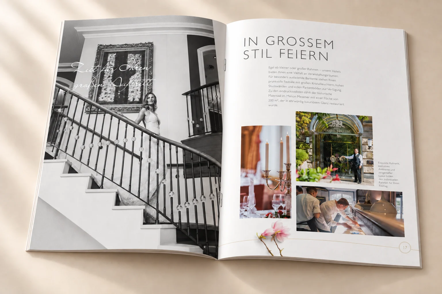 Doppelseite In großem Stil feiern mit Architektur und Festtafel – Hochzeitsbroschüre Hommage Hotels, Gestaltung Inga Sineux für Justfrank