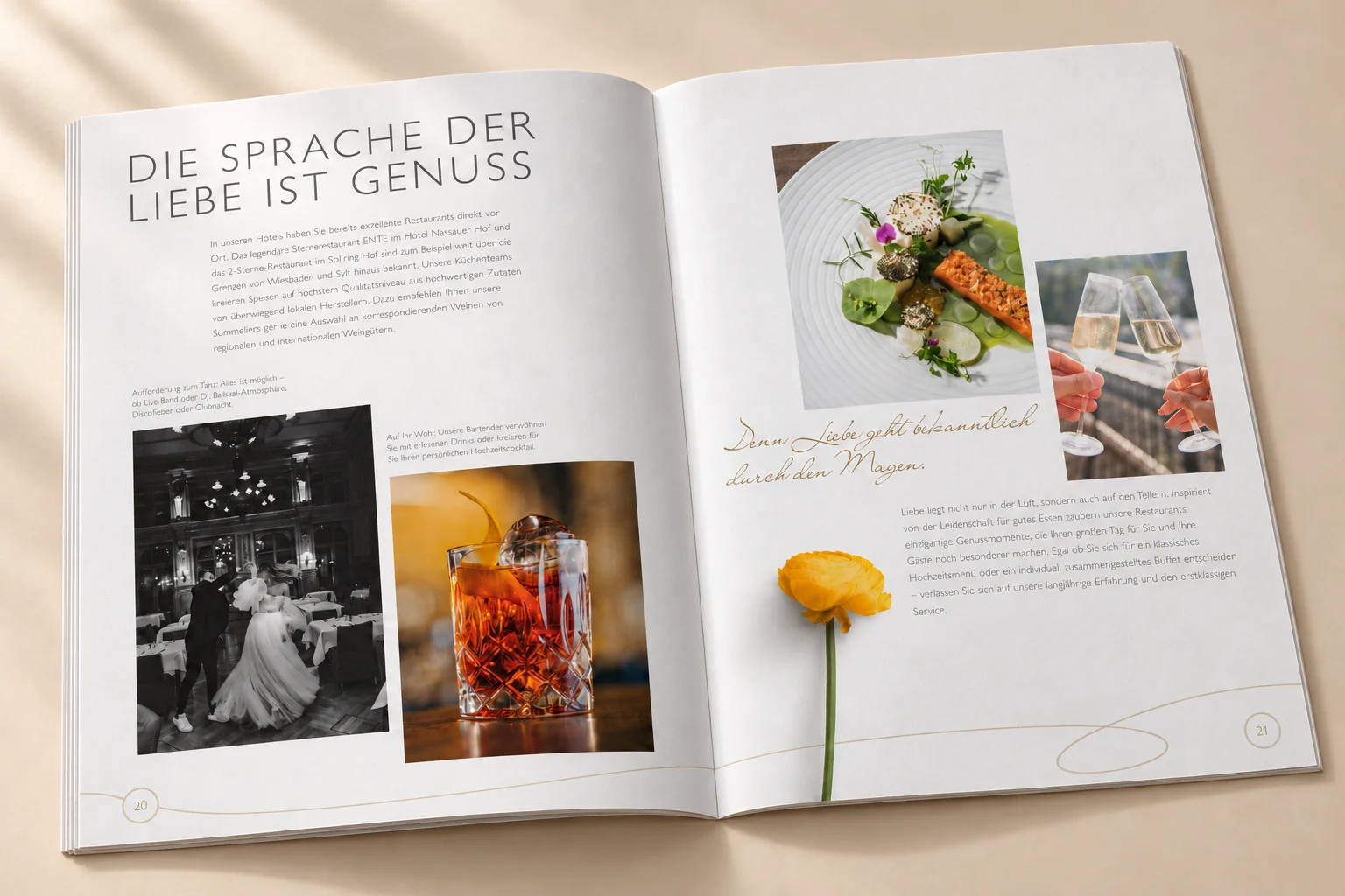Kulinarik-Doppelseite Die Sprache der Liebe ist Genuss – Hochzeitsbroschüre Hommage Hotels, Gestaltung Inga Sineux für Justfrank