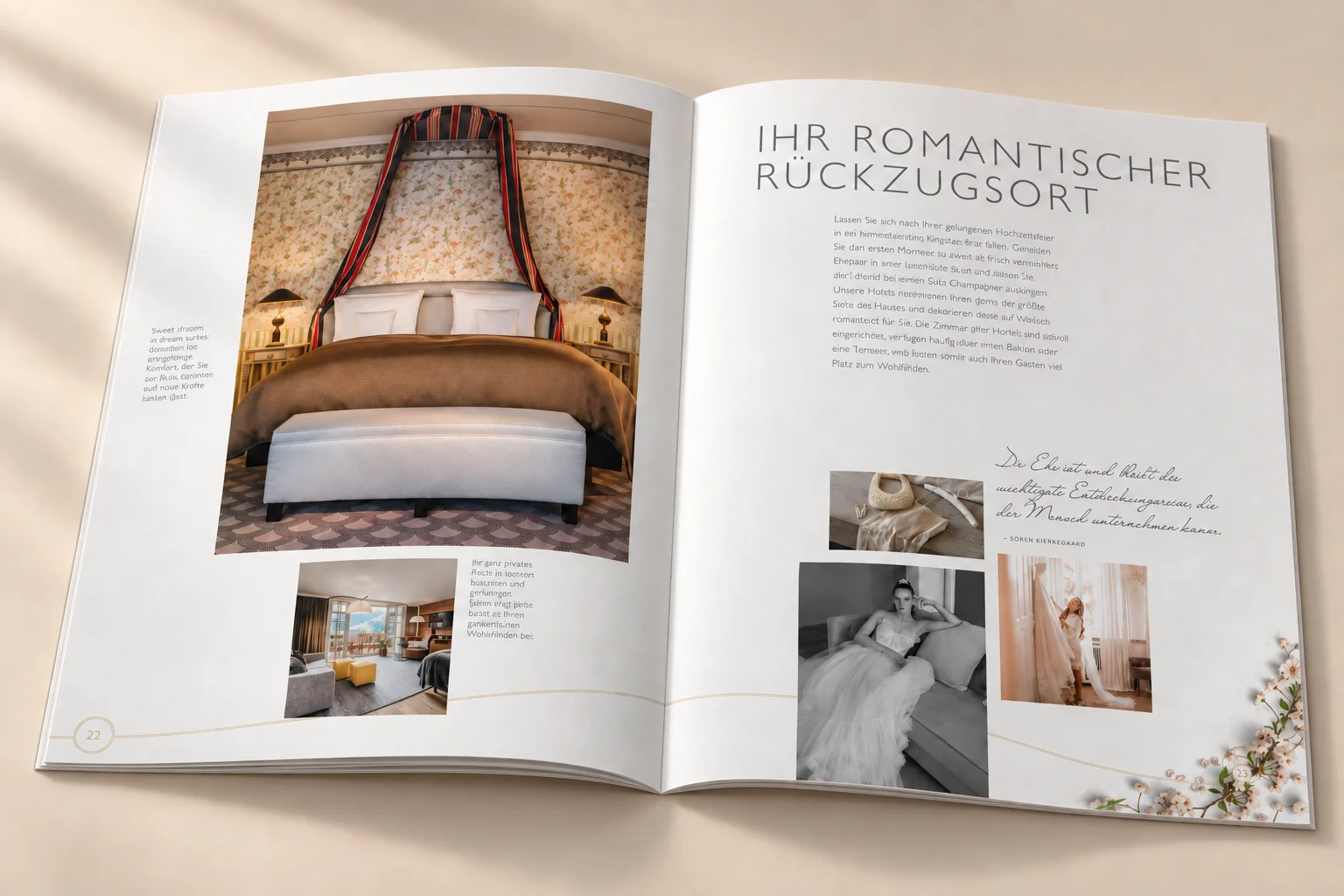 Zimmer und Suiten als romantischer Rückzugsort – Hochzeitsbroschüre Hommage Hotels, Gestaltung Inga Sineux für Justfrank