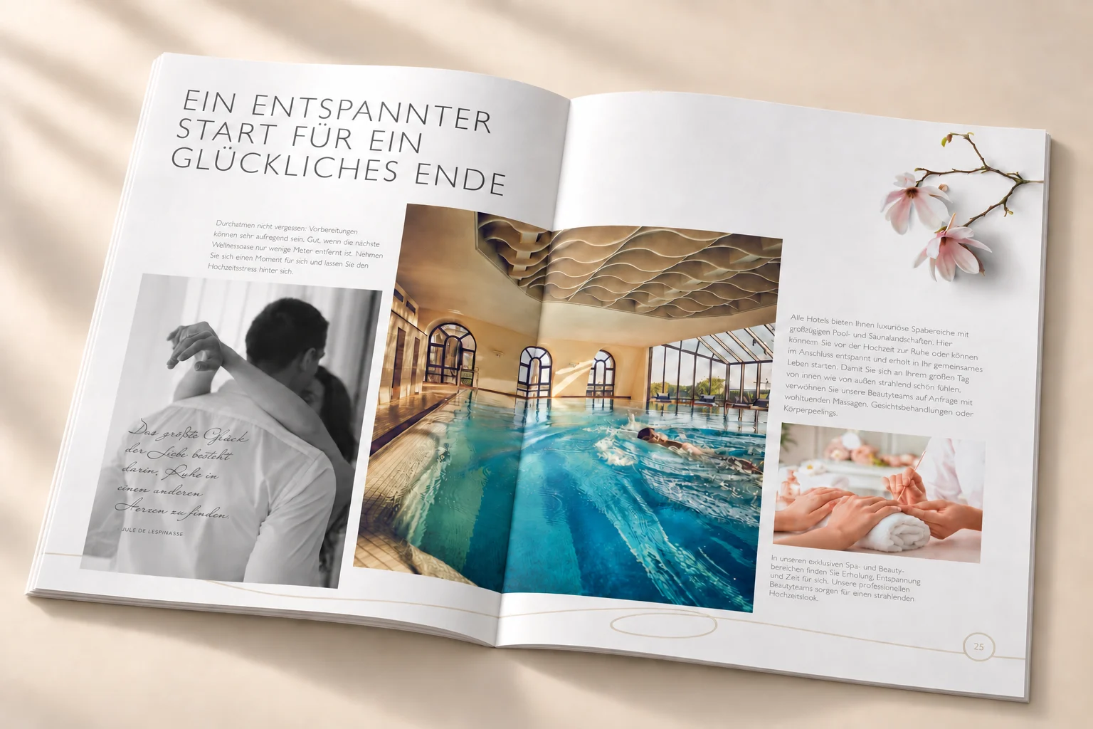 Wellness-Doppelseite Ein entspannter Start für eine glückliche Ehe – Hochzeitsbroschüre Hommage Hotels, Gestaltung Inga Sineux für Justfrank
