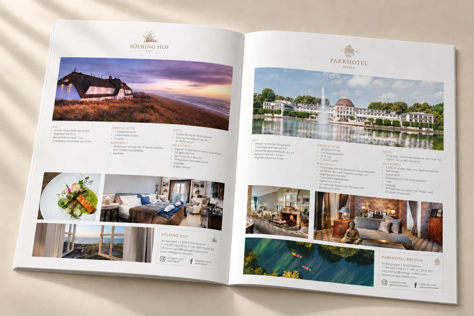 Hotelporträts mit Bildcollagen und Serviceinformationen – Hochzeitsbroschüre Hommage Hotels, Gestaltung Inga Sineux für Justfrank