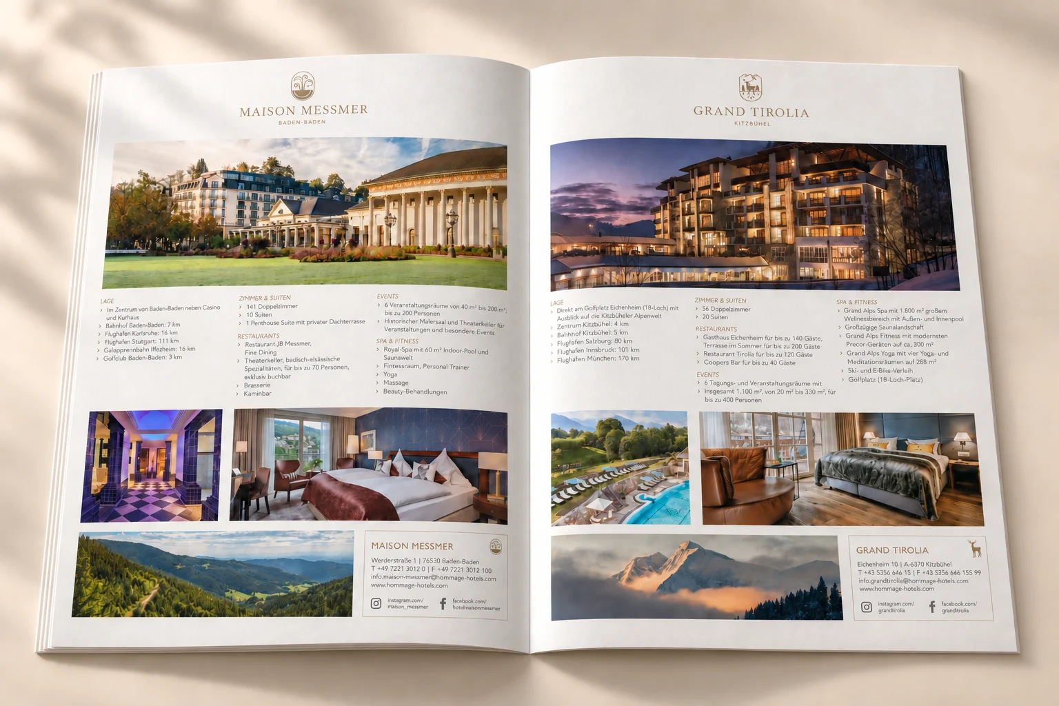 Hotelporträts mit großzügigen Aufnahmen und feiner Typografie – Hochzeitsbroschüre Hommage Hotels, Gestaltung Inga Sineux für Justfrank